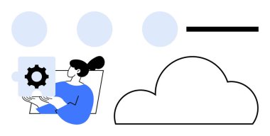 Üzerinde vites simgesi olan bir yapboz parçası tutan bir kadın, bulut anahatlarının yanında, dairesel elementler ve yatay bir çubukla. Bulut hesaplama, takım çalışması, teknoloji, veri yönetimi ve sorun için ideal