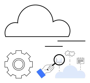 Bulut çizgisi, teçhizat, büyüteçle analiz grafiği, bulmaca parçası ve buluta bağlı takvim. Yazılım, veri yönetimi, iş akışı, bulut depolama, üretkenlik yeniliği için ideal soyut