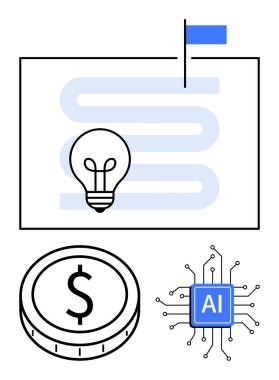 Roadmap with flag, light bulb for ideas, coin for finance, AI chip for technology. Ideal for innovation, strategy planning, digital progress, AI trends, business growth goals tracking abstract line