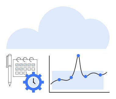 Bulut takvimi kalem dişli çizgisi grafiği. Üretkenlik, analitik, programlama, bulut hesaplama, verimlilik, zaman yönetimi, veri görselleştirme için idealdir. Satır metaforu