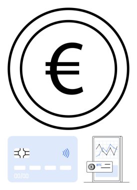 Çemberin içinde Euro işareti, kablosuz ikonlu kredi kartı ve şifreli cüzdan ve grafik gösteren akıllı telefon. Finans, dijital ödemeler, fintech, engelleme zinciri, kripto para birimi, e-ticaret için ideal