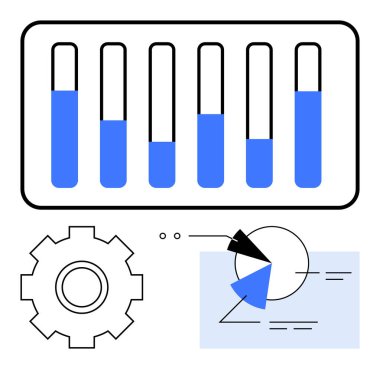 Çubuk grafikler, pasta grafikleri, vites simgeleri ve soyut şekiller analitik, üretkenlik, planlama, yenilik, araştırma iş akışı optimizasyonunu temsil eder. İş araştırmaları ve soyut çizgi için ideal
