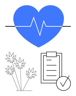 Blue heart with heartbeat line, black cannabis leaves, and marked checklist. Ideal for health, wellness, cannabis use, medical care, lifestyle choices, compliance abstract line flat metaphor