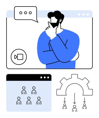 Video konferansı sırasında düşünen kişi, sanal katılımcılar penceresi, iş akışı dişli sistemi. Takım çalışması, uzaktan çalışma, beyin fırtınası, ağ oluşturma, örgütsel süreçler, liderlik için ideal