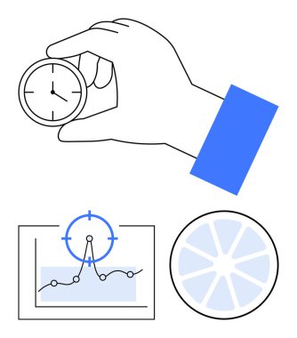 Saatli el, hedef işaretli analitik grafik ve dairesel diyagram. Zaman izleme, verimlilik, hedef belirleme, iş stratejileri, performans analizi, proje planlaması için ideal