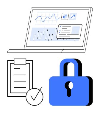 Mavi kilit, analitik çizelgeli dizüstü bilgisayar ve işaretli kontrol listesi veri güvenliğini, analizi ve uyumu simgeliyor. Siber güvenlik, gizlilik, analitik, denetim onaylama süreçleri için ideal
