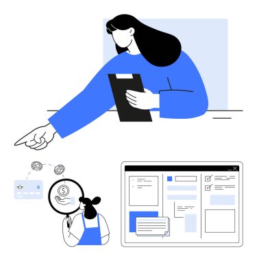 İş kadını panoyu tutuyor, ileri doğru işaret ediyor. Meslektaşlar finansal verileri büyüteçle inceler. Organize verileri olan dijital çalışma alanı. Takım çalışması, finans, ofis görevleri ve veriler için ideal
