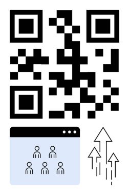 QR code, browser window with user icons, and rising arrows highlight digital connectivity, user management, marketing, analytics, growth strategy, innovation, abstract line flat metaphor clipart