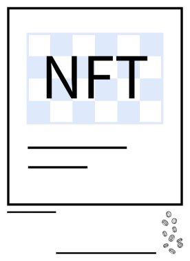 NFT metni soyut minimalist çizgiler ve dağınık madeni paralarla işaretlenmiş bir arkaplanda. Engelleme zinciri, kripto, yatırım, dijital sanat, teknolojik yenilik, ekonomi ve soyut düz çizgi için ideal