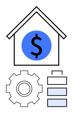 Bir evde dolar sembolü, dişli temsil etme süreci, ve yapı için katmanlı bar diyagramı. Finans, gayrimenkul, iş, strateji, organizasyon, analitik düz çizgi metaforu için ideal