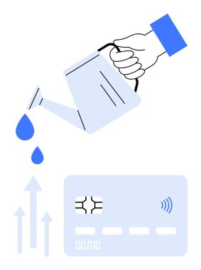 Elle su verme, ekonomik büyüme, yatırım ve finansal bakımı sembolize ederek kredi kartına su dökebilir. Finans, iş, bankacılık, tasarruf, büyüme stratejisi zenginliği için ideal