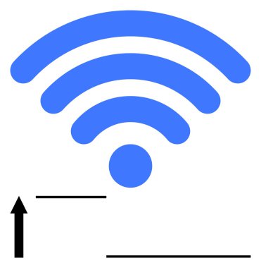 Mavi kıvrımlı çizgiler kablosuz bir simge oluşturuyor, yukarı bakan siyah ok ve yatay çizgiler ağ ve veri akışını gösteriyor. Teknoloji, iletişim, internet, çevrimiçi erişim, uzaktan erişim için ideal