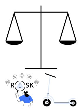 Dengeyi temsil eden ölçekler, odaklı simgelerle riski inceleyen kadın, aşağıda elektrikli scooter. Karar verme, analiz, güvenlik, modern ulaşım, problem çözme, ahlak kuralları için ideal