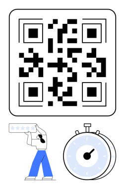 QR code, person rating with stars, stopwatch symbolizing time efficiency, feedback, and technology. Ideal for digital tools, business reviews, time tracking, marketing and abstract line flat