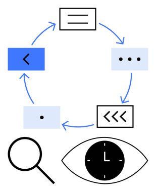 İçinde oklar, büyüteç, göz ve saat olan dairesel diyagram. Süreç akışı, otomasyon, analiz, zaman yönetimi vizyon navigasyonu ve döngüler için idealdir. Soyut satır düzlüğü