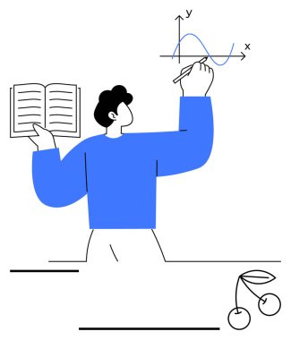 Bireysel X-Y eksenlerine eğri çizgiler çizer ve açık bir kitap tutar. Eğitim, öğretim, öğrenme, analiz, matematik, araştırma, veri görselleştirme için idealdir. Soyut çizgi düz metafor