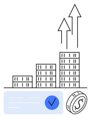 Bar chart with rising arrows, dollar coin, and blue check mark. Ideal for finance, investment, profitability, business growth, success financial analytics economic trends. clipart