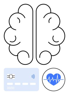 Kıvrımlı çizgileri olan minimalist beyin, temassız ikonu olan kredi kartı, ve kalp atışı olan kalp. Sağlık hizmetleri, yapay zeka, finans teknolojisi, nörobilim, biyometrik güvenlik, tıbbi teknoloji soyut