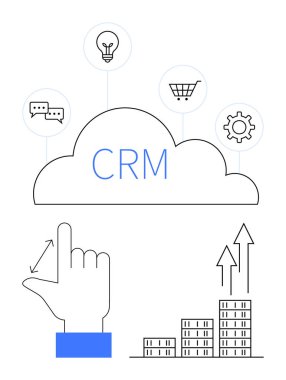Bulut etiketli CRM sohbet baloncukları, ampul, araba, çark, el hareketi ve binaların tepesindeki yukarı doğru oklarla birleşir. İş, pazarlama, satış, verimlilik analitik büyümesi için ideal