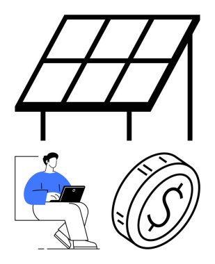 Güneş paneli, dizüstü bilgisayar kullanan kişi ve dolar işaretli para sürdürülebilir enerji, uzaktan çalışma ve finansal büyümeyi vurguluyor. Yeşil teknoloji, ev işi ve çevre dostu finans için ideal. Soyut
