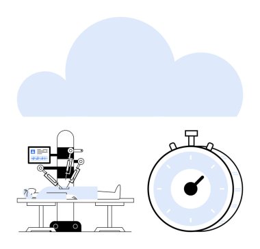 Dijital bileşenleri birbirine bağlı bir hastayı ameliyat eden robot cerrahi bir sistem. Geniş kronometre hassasiyeti ve verimliliği vurguluyor. Sağlık, yenilik, teknoloji, otomasyon ve zaman için ideal
