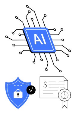 Devrelere bağlı yapay zeka mikroçipi, asma kilitli güvenlik kalkanı, mühür ve dolar işareti olan sertifika. Yapay zeka, teknoloji, siber güvenlik, dijital doğrulama, yenilik, veri için ideal