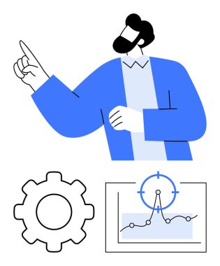Yukarıya bakan, teçhizat, grafik ve analitik hedefle çevrili bir adam. İş stratejisi, operasyon, yenilik, takım çalışması liderlik analitiği verimliliği için idealdir. Soyut çizgi düz metafor