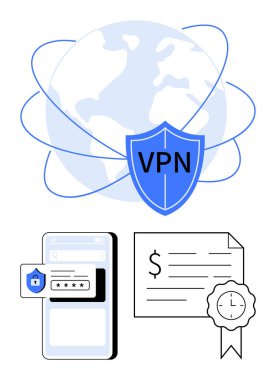 VPN kalkanlı dünya, güvenli giriş yapan akıllı telefon ekranı, ve güvenli rozetli sertifika belgesi. Siber güvenlik, internet gizliliği, güvenli işlemler, veri koruması için ideal