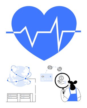 Nabız çizgisi olan mavi kalp, birbirine bağlı düğümleri olan bir dünya, büyüteçle finansal verileri analiz eden bir kişi ve bir sunucu. Sağlık, finans, küresel bağlantı ve veriler için ideal