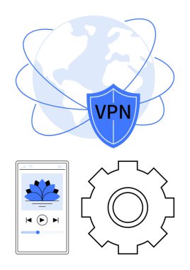 VPN kalkanlı dünya, çalma işlevli telefon müzik uygulaması ve ekipman. Siber güvenlik, uygulamalar, küresel bağlantılar, gizlilik, teknoloji, üretkenlik soyut çizgi düz metafor için idealdir