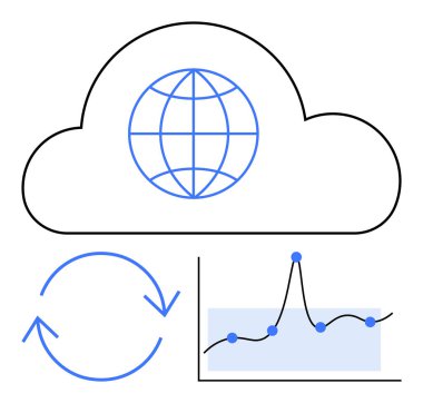 Küre senkronize okları ve çizgi çizelgesi olan bir bulut. Temalar için ideal teknoloji, veri, bağlantı, senkronizasyon, analiz, küresel erişim, ilerleme. Satır metaforu