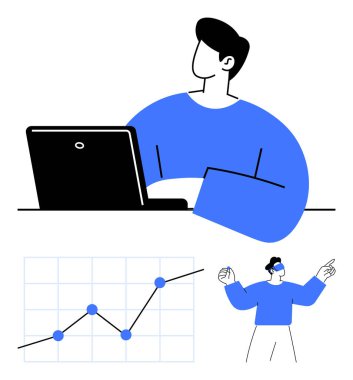 Grafik eğilimlerini analiz eden bir dizüstü bilgisayar üzerinde çalışan, yükselen ilerleme gösteren veri tablosu ve sunucu fikirleri paylaşan kişi. İş analizleri, takım çalışması, büyüme, veri görselleştirme, strateji planlaması için ideal