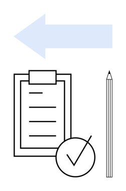 Kılavuz, yön ve görev yönetimi için kontrol işareti, kalem ve ok içeren pano kontrol listesi. Üretkenlik, hedef belirleme, planlama, karar verme ekibi iş akışı için ideal