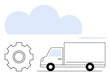 Minimalist kamyon, teçhizat ve bulut ikonu lojistik, otomasyon ve bulut hesaplamasını gösteriyor. Teslimat, tedarik zinciri, teknoloji, yenilik e-ticaret otomasyonu için ideal soyut hat
