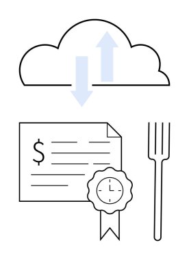 Oklu bulut, saat ve kurdeleli sertifika, finansal belge, çatal. Bulut hizmetleri, dijital işlemler, ödüller, zaman yönetimi, çevrimiçi sertifika pişirme teknolojisi için ideal