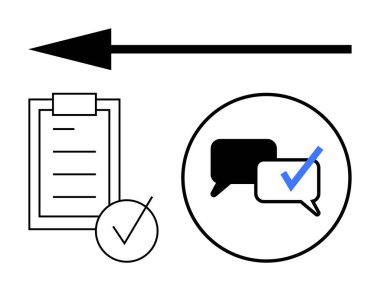Kontrol listesi olan pano, sola bakan ok, çemberde işaretli konuşma baloncukları. İş akışı, görev tamamlama, iletişim, yön, onay, takım çalışması için ideal soyut çizgi