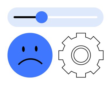 Mavi üzgün yüz, vites sembolü ve sürgülü element. Kullanılabilirlik, optimizasyon, duygular, konfigürasyonlar, teknik zorluklar, geri besleme işleri için idealdir. Soyut çizgi düz metafor