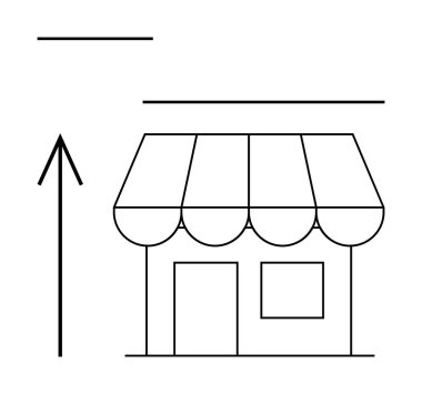 Binanın önündeki yukarı doğru ok, büyüme ve başarıyı işaret ediyor. Ticari büyüme, perakende başarı, ekonomik eğilim, girişimcilik, piyasa genişlemesi, refah, finans için ideal