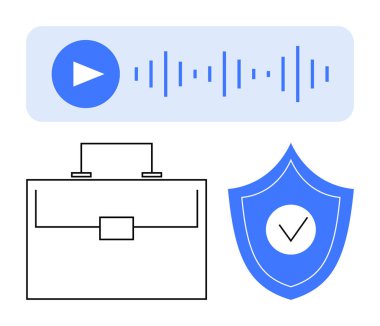 Evrak çantası, işaretli kalkan ve ses dalgası vurgulanmış iş verileri, güvenli iletişim ve mahremiyet. Siber güvenlik, gizlilik, dijital mahremiyet ve işyeri için ideal