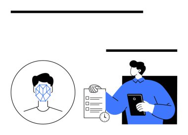 Geometrik yüz tanıma sistemi, profesyonel bekleme listesi ve tableti olan insan yüzü. Yapay zeka, teknoloji, kimlik, güvenlik, görev yönetimi, biyometrik, soyut düz çizgi için ideal