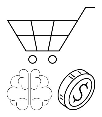 Alışveriş arabası, beyin ve madeni para bilinçli satın alma, finansal planlama ve tüketici tercihlerini temsil eder. Pazarlama, ekonomi, bütçe, psikoloji e-ticaret ve soyut karar verme için ideal