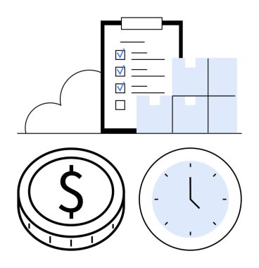 İşaretli görevler, istiflenmiş kutular, para ve saati simgeleyen kurumlar, verimlilik, lojistik ve zaman yönetimi. Planlama, iş akışı ekommerce hedef belirleme için ideal