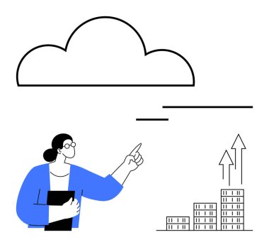 Kadın figürü, binalar üzerindeki yükselişe işaret ediyor, yukarıdaki büyük bulut. Ticari büyüme, liderlik, yenilik, bulut hesaplama, finans, analitik strateji kavramları için idealdir. Soyut satır düzlüğü