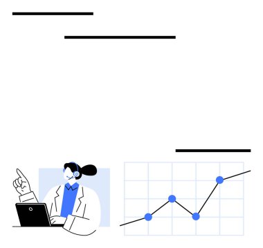 Kulaklıklı kişi dizüstü bilgisayarı işaret ederken çizgi grafiği düğümlerde yukarı doğru eğilimi gösteriyor. Veri analizi, iş büyümesi, müşteri desteği, mali raporlar, takım çalışması, strateji, soyut çizgi için ideal
