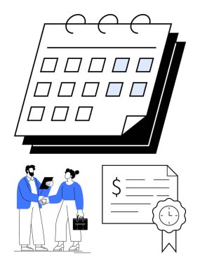 Vurgulanmış tarihli takvim, iş adamlarının el sıkışması, dolar işareti ve mühür ile mali sözleşme. Planlama, teslim tarihleri, anlaşmalar, programlama, iş başarısı, ortaklık için ideal