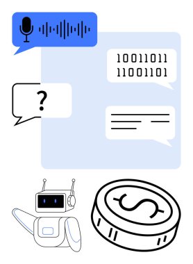 AI robot with speech bubble, binary code, text chat, voice command graphic, and cryptocurrency coin. Ideal for AI, technology, communication finance blockchain programming automation. Line clipart