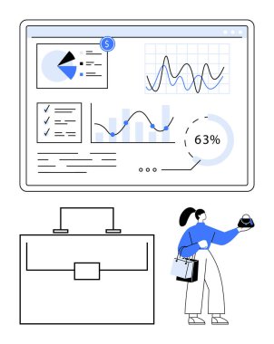 Çizelgeler, grafikler ve ilerleme takibi ile analitik arayüzü. Elinde evrak çantası olan kadın başarıyı ve profesyonelliği simgeliyor. İş, veri, teknoloji, planlama ve finans kariyeri için ideal