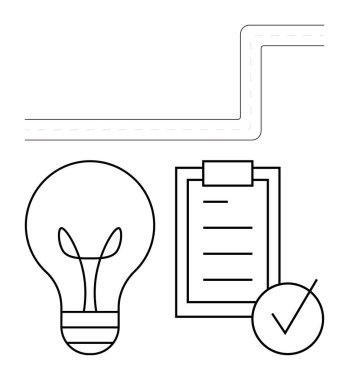 Fikirler için ampul, görevler için kontrol listesi, yönlendirme için ok yolu. Hedef belirleme, yenilik, planlama, organizasyon, karar verme, üretkenlik, soyut çizgi düz metafor için idealdir