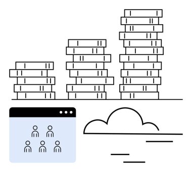 Stacked coins symbolize financial growth, a browser window shows user icons representing collaboration, while a cloud signifies technology. Ideal for finance, tech, teamwork, cloud computing, online clipart