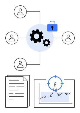 Takım simgeleri dişlilere bağlanıyor ve takım çalışmasını ve veri güvenliğini sembolize ediyor. Belgeler ve grafik analizleri bilgi alışverişini arttırır. Güvenlik, veri akışı ve takım çalışması için ideal